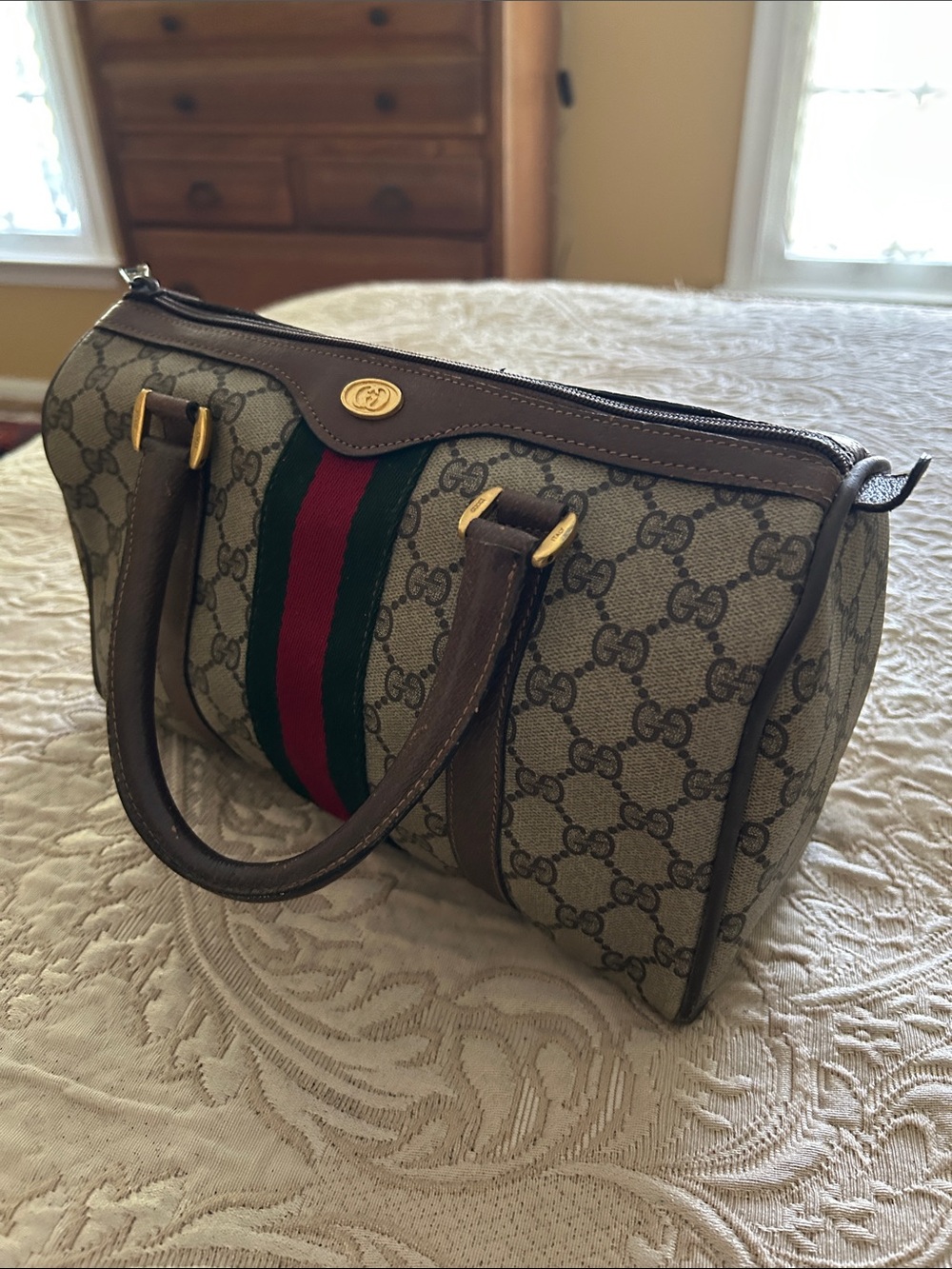 Gucci Beige GG Monogram Satchel with Green & Red Web Stripe